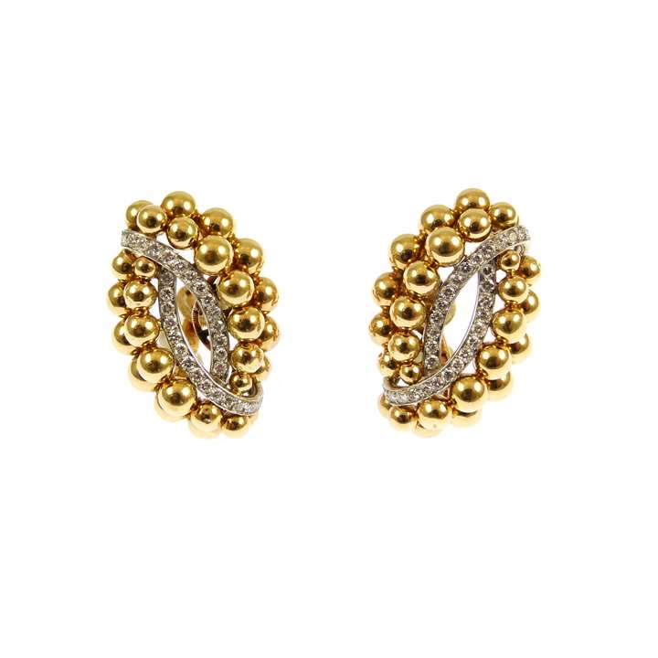 Pair of mid-20th century gold bead and diamond cluster earrings